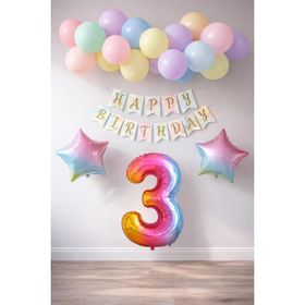 Patladı Gitti Gökkuşağı Konsepti 3 Yaş Rakam Yıldız Folyo Banner ve Makaron Balon Doğum Günü Parti Kutlama Seti