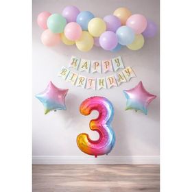 Patladı Gitti Gökkuşağı Konsepti 3 Yaş Rakam Yıldız Folyo Banner ve Makaron Balon Doğum Günü Parti Kutlama Seti