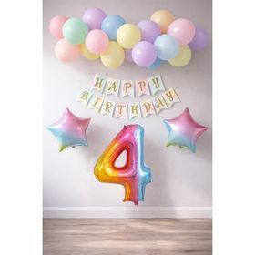 Patladı Gitti Gökkuşağı Konsepti 4 Yaş Rakam Yıldız Folyo Banner ve Makaron Balon Doğum Günü Parti Kutlama Seti