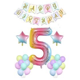 Patladı Gitti Gökkuşağı Konsepti 5 Yaş Rakam Yıldız Folyo Banner ve Makaron Balon Doğum Günü Parti Kutlama Seti
