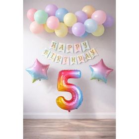 Patladı Gitti Gökkuşağı Konsepti 5 Yaş Rakam Yıldız Folyo Banner ve Makaron Balon Doğum Günü Parti Kutlama Seti