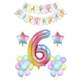 Patladı Gitti Gökkuşağı Konsepti 6 Yaş Rakam Yıldız Folyo Banner ve Makaron Balon Doğum Günü Parti Kutlama Seti