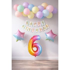 Patladı Gitti Gökkuşağı Konsepti 6 Yaş Rakam Yıldız Folyo Banner ve Makaron Balon Doğum Günü Parti Kutlama Seti