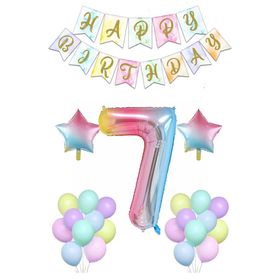 Patladı Gitti Gökkuşağı Konsepti 7 Yaş Rakam Yıldız Folyo Banner ve Makaron Balon Doğum Günü Parti Kutlama Seti