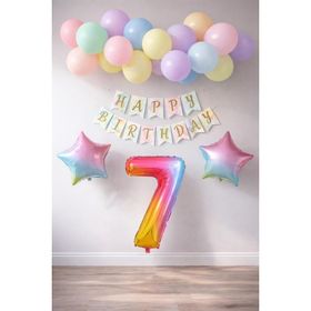 Patladı Gitti Gökkuşağı Konsepti 7 Yaş Rakam Yıldız Folyo Banner ve Makaron Balon Doğum Günü Parti Kutlama Seti