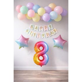 Patladı Gitti Gökkuşağı Konsepti 8 Yaş Rakam Yıldız Folyo Banner ve Makaron Balon Doğum Günü Parti Kutlama Seti