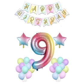 Patladı Gitti Gökkuşağı Konsepti 9 Yaş Rakam Yıldız Folyo Banner ve Makaron Balon Doğum Günü Parti Kutlama Seti
