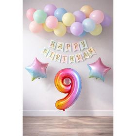 Patladı Gitti Gökkuşağı Konsepti 9 Yaş Rakam Yıldız Folyo Banner ve Makaron Balon Doğum Günü Parti Kutlama Seti