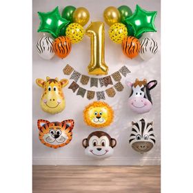 Patladı Gitti Safari Konsepti 1 Yaş Rakam Yıldız Folyo Banner ve Balon Zinciri Doğum Günü Parti Kutlama Seti