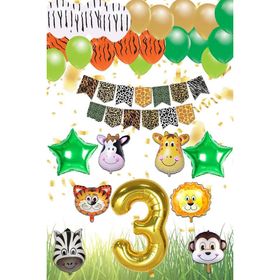 Patladı Gitti Safari Konsepti 3 Yaş Rakam Yıldız Folyo Banner ve Balon Zinciri Doğum Günü Parti Kutlama Seti