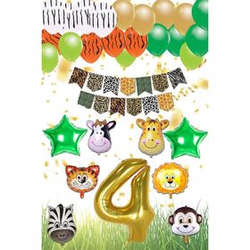 Patladı Gitti Safari Konsepti 4 Yaş Rakam Yıldız Folyo Banner ve Balon Zinciri Doğum Günü Parti Kutlama Seti