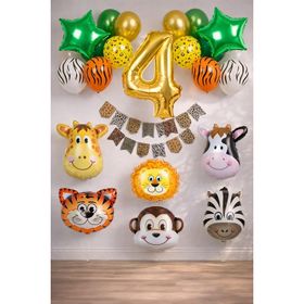 Patladı Gitti Safari Konsepti 4 Yaş Rakam Yıldız Folyo Banner ve Balon Zinciri Doğum Günü Parti Kutlama Seti