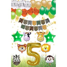 Patladı Gitti Safari Konsepti 5 Yaş Rakam Yıldız Folyo Banner ve Balon Zinciri Doğum Günü Parti Kutlama Seti