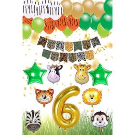 Patladı Gitti Safari Konsepti 6 Yaş Rakam Yıldız Folyo Banner ve Balon Zinciri Doğum Günü Parti Kutlama Seti