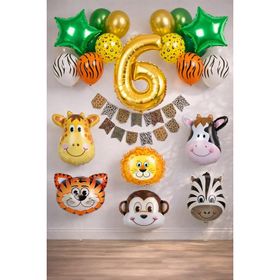 Patladı Gitti Safari Konsepti 6 Yaş Rakam Yıldız Folyo Banner ve Balon Zinciri Doğum Günü Parti Kutlama Seti