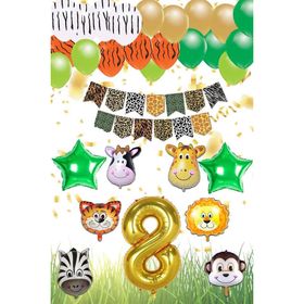 Patladı Gitti Safari Konsepti 8 Yaş Rakam Yıldız Folyo Banner ve Balon Zinciri Doğum Günü Parti Kutlama Seti