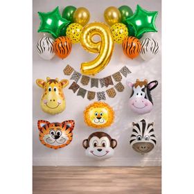 Patladı Gitti Safari Konsepti 9 Yaş Rakam Yıldız Folyo Banner ve Balon Zinciri Doğum Günü Parti Kutlama Seti