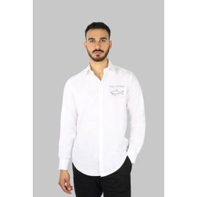 Paul & Shark 25413504-010 Beyaz Göğüste Marka Logolu Dar Kalıp Dokuma Kumaş Uzun Kollu Erkek Tişört