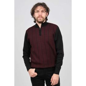 Pave 4539190 Bordo Çizgi Desenli Fermuarlı Yün Erkek Kazak