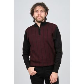 Pave 4539190 Bordo Çizgi Desenli Fermuarlı Yün Erkek Kazak
