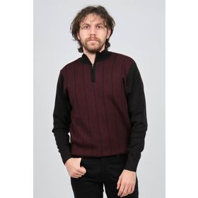 Pave 4539190 Bordo Çizgi Desenli Fermuarlı Yün Erkek Kazak