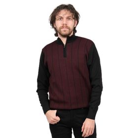 Pave 4539190 Bordo Çizgi Desenli Fermuarlı Yün Erkek Kazak