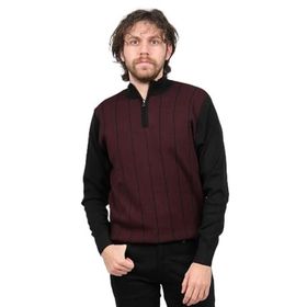 Pave 4539190 Bordo Çizgi Desenli Fermuarlı Yün Erkek Kazak