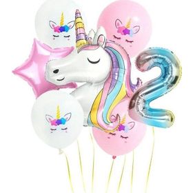 Pazarız Gökkuşağı Rakam Unicorn Folyo 2 Yaş Balon Seti