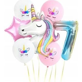 Pazarız Gökkuşağı Rakam Unicorn Folyo 7 Yaş Balon Seti