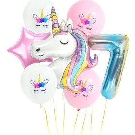 Pazarız Gökkuşağı Rakam Unicorn Folyo 7 Yaş Balon Seti