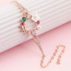 Peanelife 925 Ayar Gümüş Rose Renkli Manolya Çiçeği Kadın Bileklik