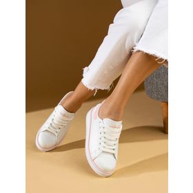 Pembe Potin 001-340-24B Rahat Taban Renk Şeritli Bağcıklı Pudra Kadın Sneaker