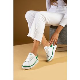 Pembe Potin 001-340-24B Rahat Taban Renk Şeritli Bağcıklı Yeşil Beyaz Kadın Sneaker