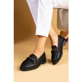 Pembe Potin 001-5004-24 Siyah Parlak Taş Detaylı Rahat Kalıp Kadın Loafer Ayakkabı