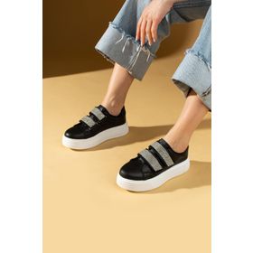 Pembe Potin 001-8282-24 Çift Bant Taş Detaylı Kalın Taban Siyah Kadın Sneaker