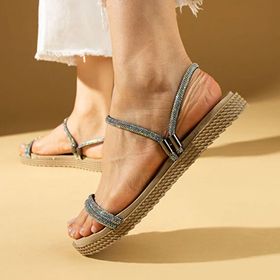 Pembe Potin 020-758-24 Renkli Multi Parlak Taşlı İnce Bantlı Hasır Taban Comfort Kadın Sandalet
