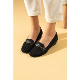 Pembe Potin 025-26-24 Siyah Keten Taş Detaylı Triko Comfort Taban Kadın Babet