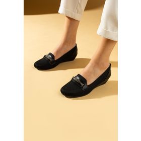 Pembe Potin 025-26-24 Siyah Keten Taş Detaylı Triko Comfort Taban Kadın Babet