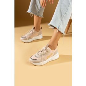 Pembe Potin 36-140-24 Queen Kalın Poli Taban Bağcıklı Rahat Bej Kadın Sneaker