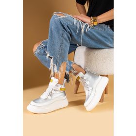 Pembe Potin 36-530-24 Gri Fosforlu Kumaş Detaylı Yüksek Taban Cırtlı Sneaker Kadın Bot