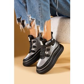 Pembe Potin 36-530-24 Platin Fosforlu Kumaş Detaylı Yüksek Taban Cırtlı Sneaker Kadın Bot
