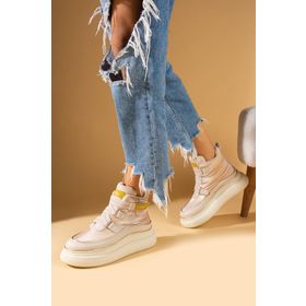 Pembe Potin 36-530-24 Pudra Fosforlu Kumaş Detaylı Yüksek Taban Cırtlı Sneaker Kadın Bot