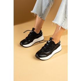 Pembe Potin 36-728-24 Yüksek Taban Lastik Bağcıklı Fileli Siyah Kadın Sneaker