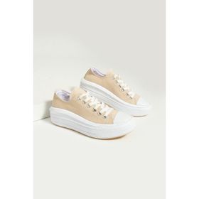 Pembe Potin 57-101-23 Bağcıklı Kalın Taban Keten Bej Kadın Sneaker Ayakkabı