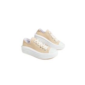 Pembe Potin 57-101-23 Bağcıklı Kalın Taban Keten Bej Kadın Sneaker Ayakkabı