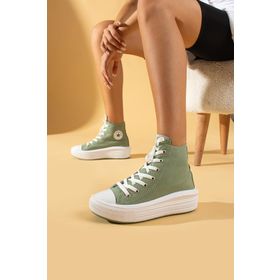 Pembe Potin 57-103-23FHN Bağcıklı Kalın Taban Bilekte Keten Kadın Sneaker Ayakkabı