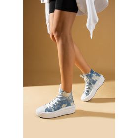 Pembe Potin 57-103-23FHN Bağcıklı Kalın Taban Bilekte Keten Kadın Sneaker Ayakkabı