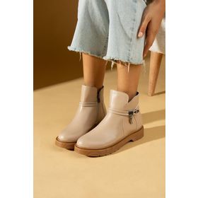 Pembe Potin 59-2003-23 Nut Cilt Toka Detaylı Kauçuk Taban Fermuarlı Kadın Bot