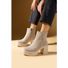 Pembe Potin 59-2500-24 Bej Süet Platform Topuklu Fermuarlı Rahat Kalıp Kadın Bot