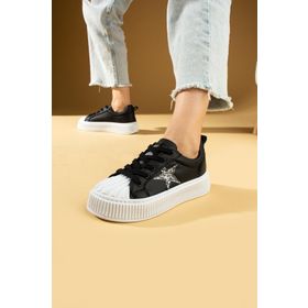 Pembe Potin 59-650-24S Poli Anatomik Taban Yıldız Detay Bağcıklı Beyaz Siyah Kadın Sneaker